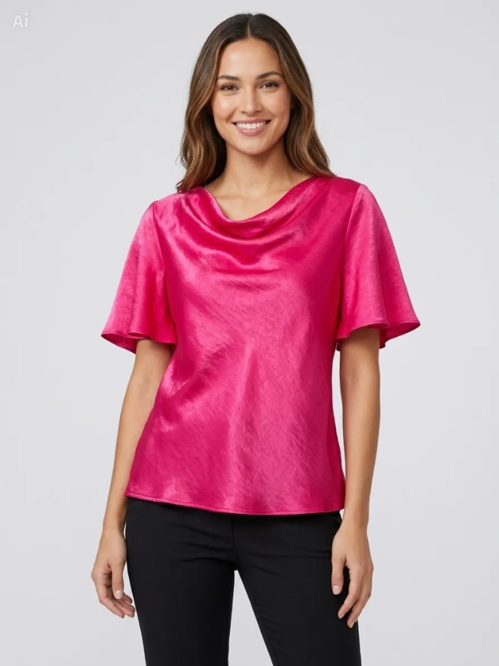 River Island Hot Pink Cowl Neck Flutter Sleeve Blouse Satin Finish Top